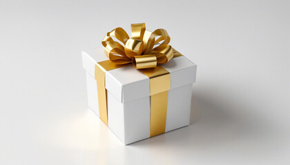 Golden ribbon adorned white gift box on white background