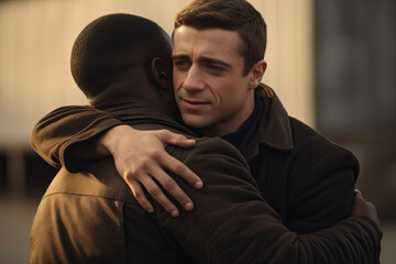 month of black history. A black man hugs a woman on the street. Africa and equality