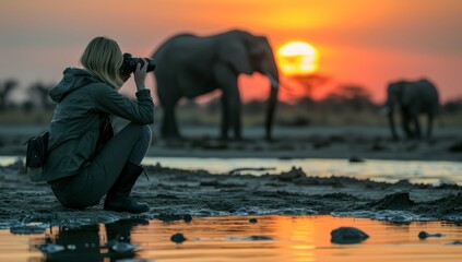 Young woman photographer taking photo of elephants at sunset, Kruger National Park, South Africa - obrazy, fototapety, plakaty