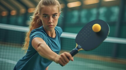 Young woman playing pickle ball at the outdoor pickle ball court. - obrazy, fototapety, plakaty