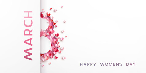 Women's Day greeting card or banner with pink cut eight number and flying paper hearts. Vector 8 March international holiday template for poster, cover, label, sales - obrazy, fototapety, plakaty