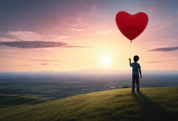 Dreaming of a lonely boy with a heart-shaped balloon in a whimsical setting.