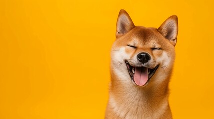 Happy smiling shiba inu dog isolated on yellow orange background with copy space. Red-haired Japanese dog smile portrait