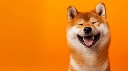 Happy smiling shiba inu dog isolated on yellow orange background with copy space. Red-haired Japanese dog smile portrait - obrazy, fototapety, plakaty
