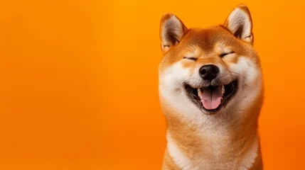 Ingelijste posters Happy smiling shiba inu dog isolated on yellow orange background with copy space. Red-haired Japanese dog smile portrait © Jasper W