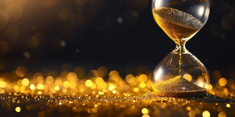 Golden shiny sand running through the bulbs of an hourglass measuring the passing time in a countdown to a deadline with copy space, blurred glowing shiny background.