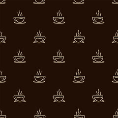 Small contour linear cups isolated on a dark background. Monochrome seamless pattern. Vector simple flat graphic illustration. Texture.