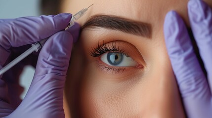 Cosmetologist makes rejuvenating anti wrinkle injections on the eye corner area of a beautiful woman. Female aesthetic cosmetology in a beauty salon.