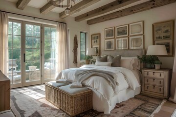 Embrace the warmth and coziness of French country, farmhouse, and Provence style interior design in this modern bedroom retreat.