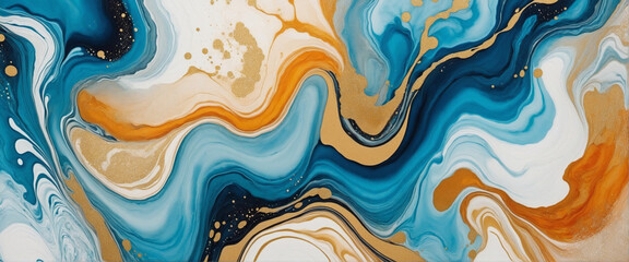 Abstract luxury marble ink art background in blue, orange, and gold paints - obrazy, fototapety, plakaty