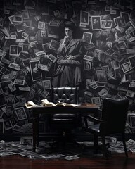 A desk in a room with black and white posters above the chair, in the style of illusory wallpaper portraits, historical genre scenes, bibliographic anomalies, dark, foreboding colors, surrealistic.