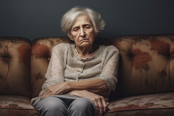 Sad tired ill sick lonely disappointed old elderly senior woman. Grandmother sitting on the sofa couch, feeling nostalgia, pain, missing grandchildren - obrazy, fototapety, plakaty