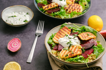 Vegetarian Grilled Halloumi Quinoa Salad with Beetroot. Healthy Mediterranean Food Concept.