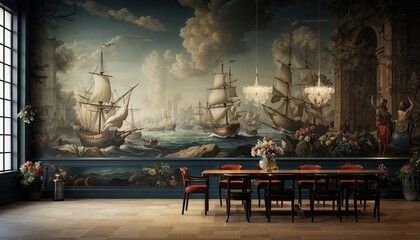A dining room with a big table and 9 chairs and a mural painted in the style of detailed ship sails. Dutch Golden Age, photorealistic renderings, military and naval scenes, and spectacular backdrops.