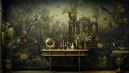 A Room with a rich, detailed wallpaper that features a fantastical landscape. A Table adorned with decorative items, including a pair of candlesticks, a small vase, and a larger vase with flowers.