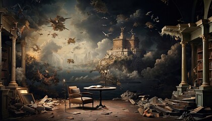 A Room in a state of disarray, with books scattered on the floor. A small table with a single open book. Walls adorned with classical paintings adds a classical aesthetic.