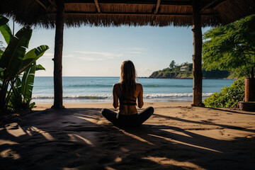 Serene unrecognizable woman practicing meditation on tropical beach at sunset