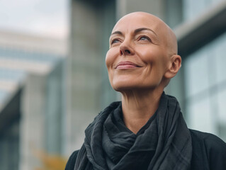Fototapeta premium Portrait of a bald happy woman cured of cancer.