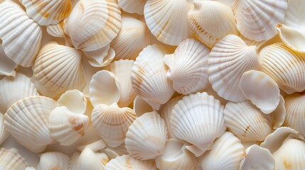 A bunch of light beige shells, clam shells and marine life