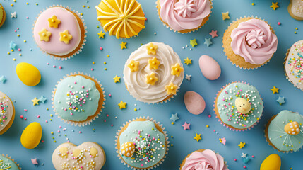 A flat lay of a variety of Easter-themed cookies and cupcakes decorated with icing and sprinkles. - obrazy, fototapety, plakaty