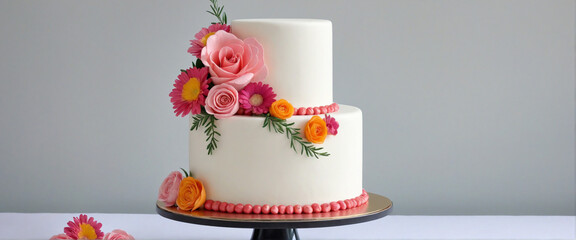 Elegant Wedding Cake with Cream Floral Decor on Soft Focus Background