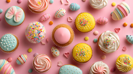A flat lay of a variety of Easter-themed cookies and cupcakes decorated with icing and sprinkles. - obrazy, fototapety, plakaty