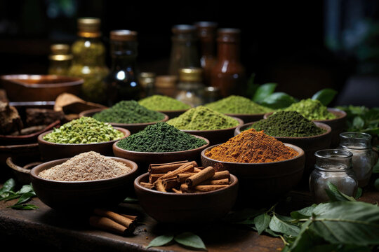 Generative AI image of traditional Ayurveda herbal remedies