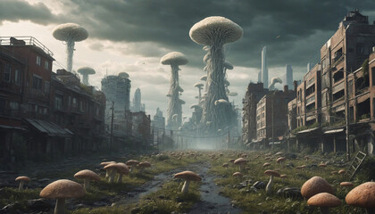 illustration of a post-apocalyptic city consumed by fungi - obrazy, fototapety, plakaty