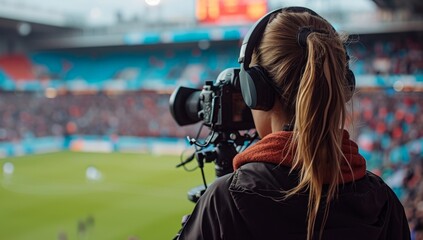 Woman recording football match at stadium with camera - obrazy, fototapety, plakaty