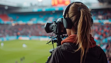 Foto auf Acrylglas Woman recording football match at stadium with camera © Meow Creations