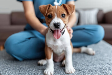 Happy puppy with owner at home Generative AI image