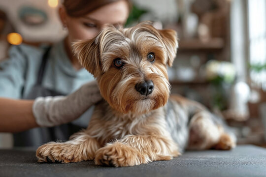 Yorkshire terrier being gently petted by owner Generative AI image