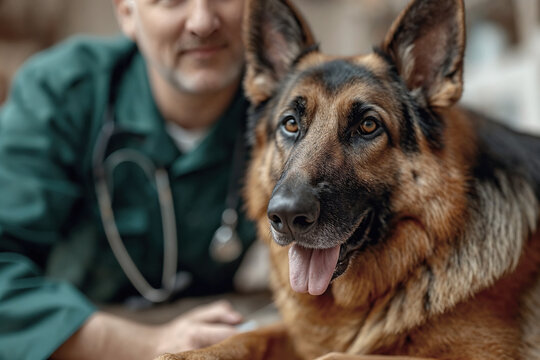 Veterinarian Smiling Behind a German Shepherd Generative AI image