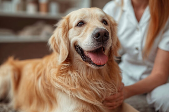 Happy golden retriever enjoys petting from owner Generative AI image