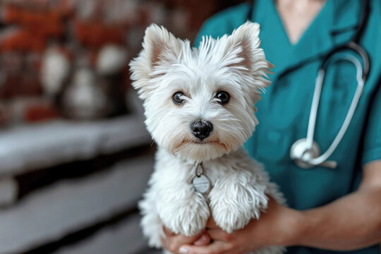 Veterinarian Holding a Cute White West Highland Terrier Generative AI image