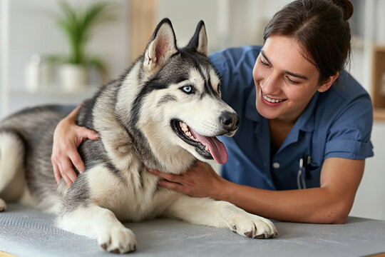 Veterinarian giving a check-up to a friendly Husky dog Generative AI image