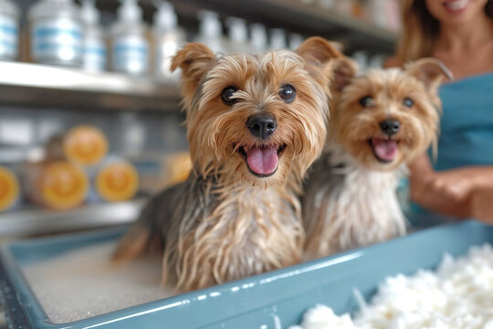 Two cheerful Yorkshire Terriers in a kitchen setting Generative AI image