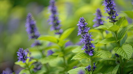 mint, with selective focus on its vibrant purple-blue flowers blooming in a garden, aromatic herb within the mint family against a backdrop of lush greenery, a mesmerizing nature floral background.
