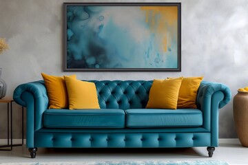 Urban sophistication: Loft home interior design features a dark turquoise tufted sofa with vibrant...