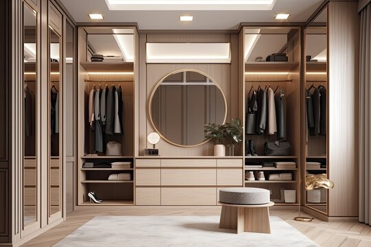 Dressing room and walk in wardrobe in modern style, interior scene and mockup