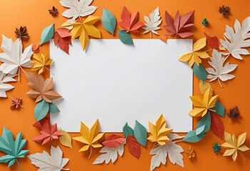Fototapeta na wymiar Autumn Leaves Frame on Orange Background with Blank White Card