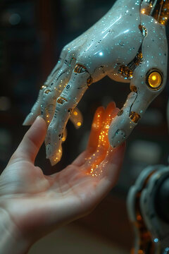 Human hand interacting with robotic hand in dark setting Generative AI image