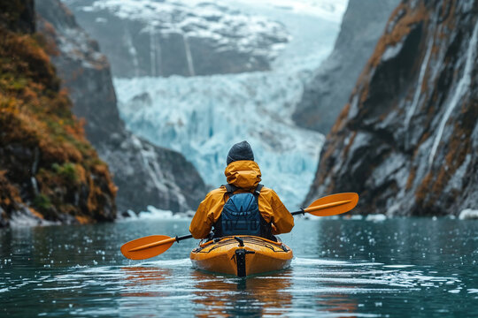 Kayaker explores icy waters amidst glacial backdrop Generative AI image