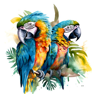 watercolor parrots perched tropical leaves clip art preview