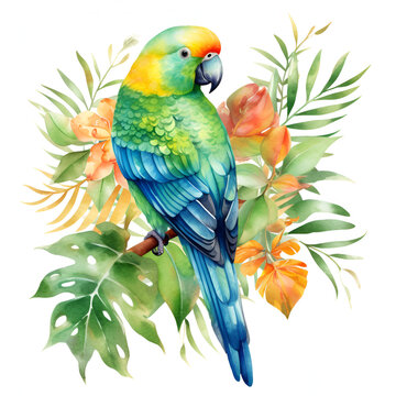 watercolor parrot perched tropical foliage clip art preview