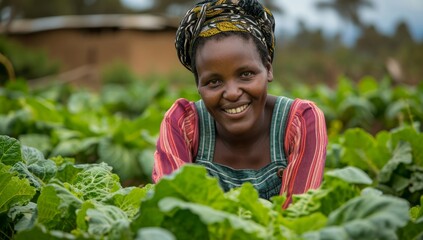 African woman smiling in cabbage field - obrazy, fototapety, plakaty
