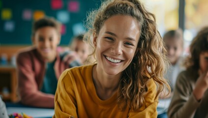 Engaged teacher interacting with students in vibrant classroom