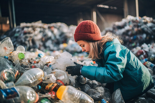 Young volunteer girl sorting trash at a landfill Generative AI image