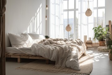 White bed in loft bedroom with early sunlight in winter