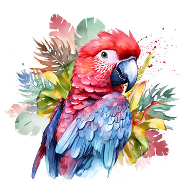 watercolor red and blue parrot with leaves clip art preview